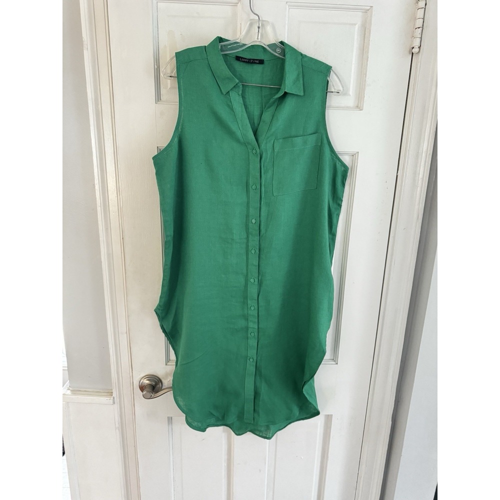 💙Larry Levine Linen Blend Dress Sz L Green Sleeveless Day Night Coastal Resort‎